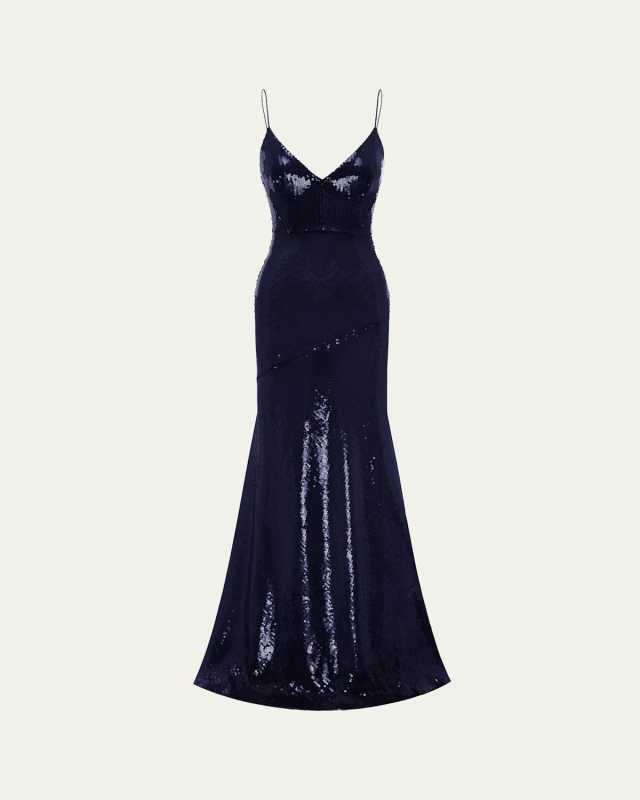 Sequined Paneled Bikini Gown, Blue